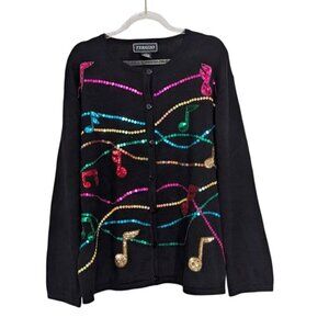 Terazzo Sequin Music Notes Cardigan Womens Size XL Black Vintage Sweater